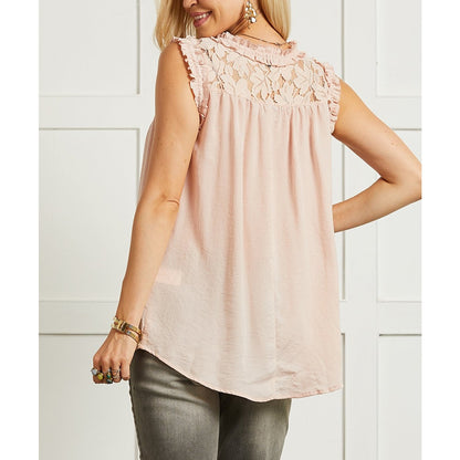 Suzanne Betro Smocked Lace-Yoke Ruffle-Trim Sleeveless Tunic Dusty Pink X-Large