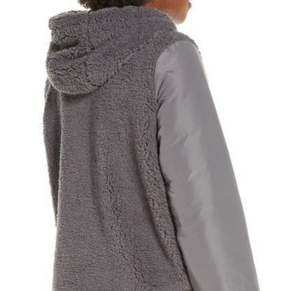 Zella Faux Shearling Bomber Jacket Front Zip Fixed Hood Long Sleeves Grey Large