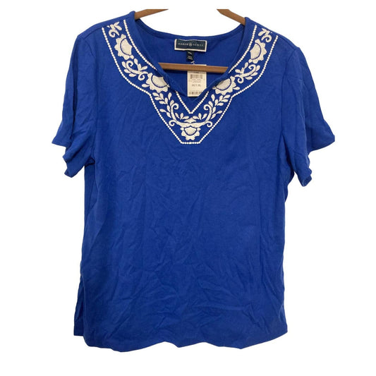 Karen Scott Split-Neck Short Sleeve Blouse Top Petite Extra Large/PXL Blue NWT