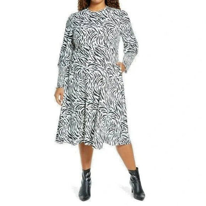 Halogen Tiger Crepe Tie Back A-Line Midi Dress Sz 1X White and Black Print NWT