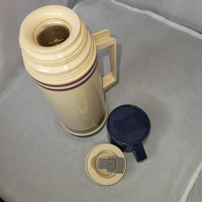 Vintage travel lunch Aladdin thermos tan blue striped glass insert HOT COLD 70s