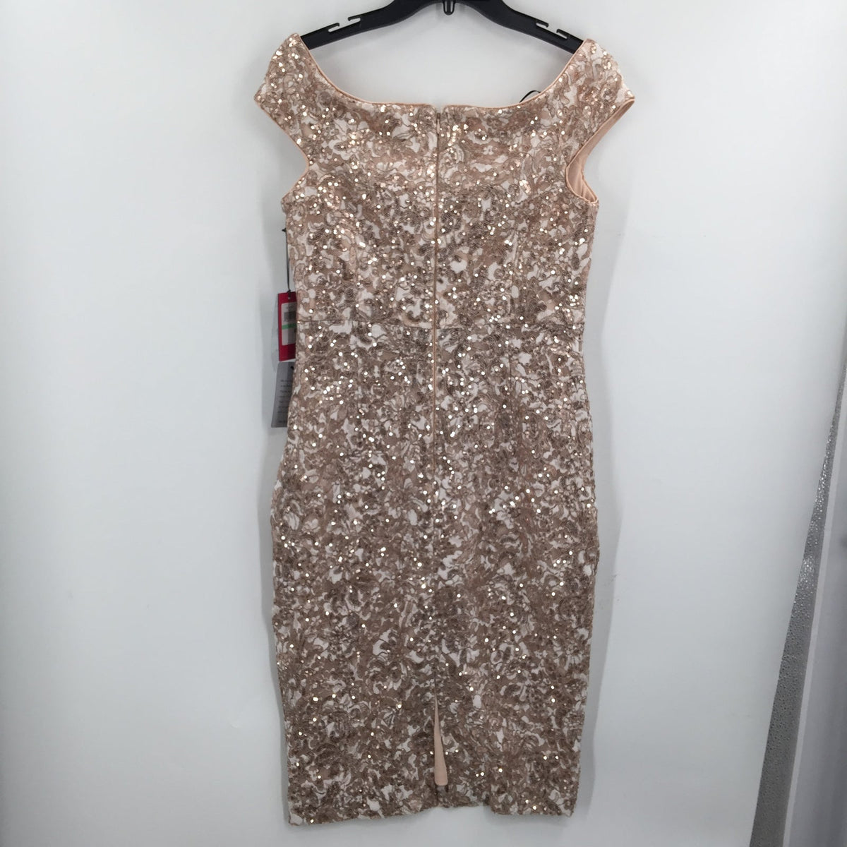 Vince Camuto Sequin Off The Shoulder Sheath Cocktail Dress Back Zip Sand Size 8