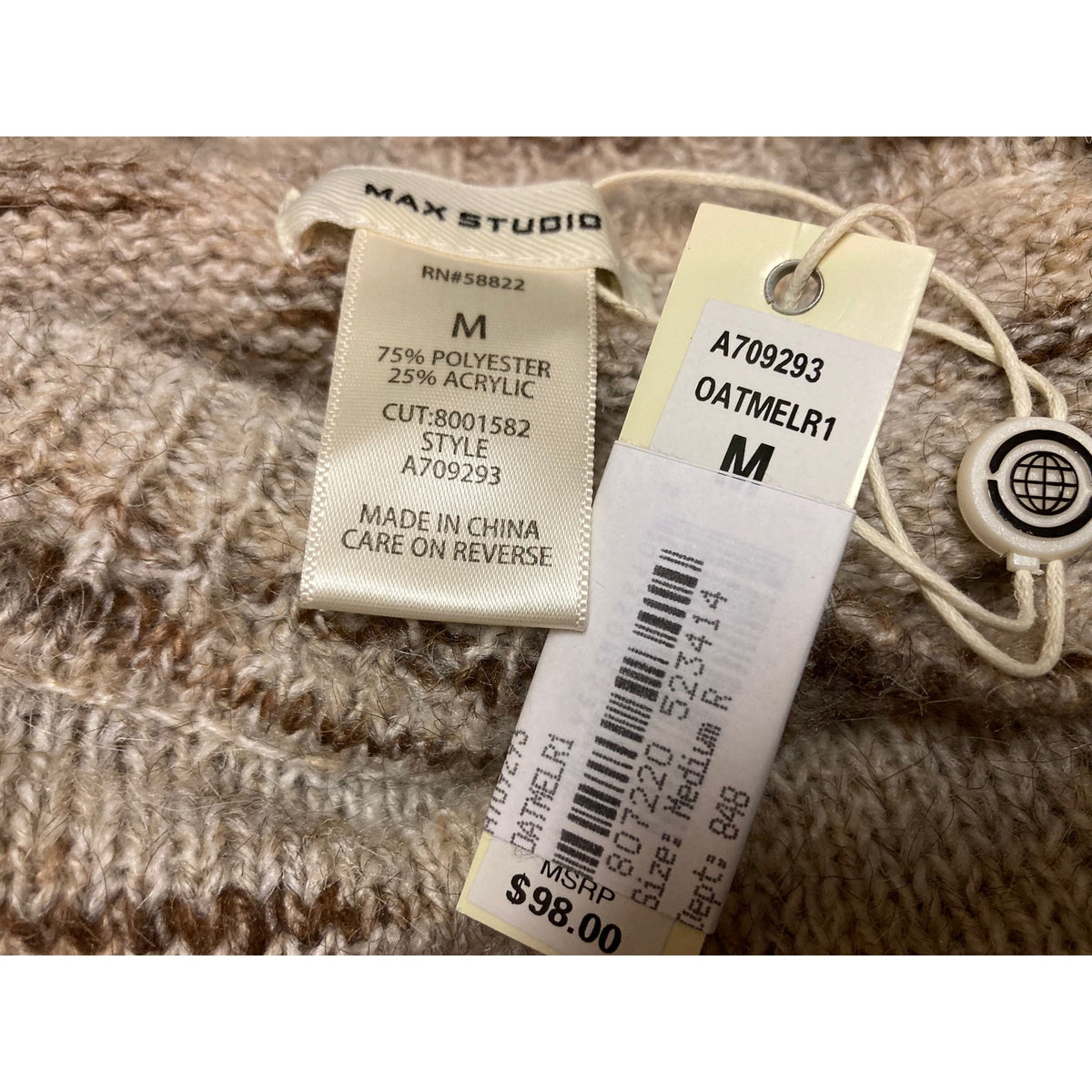 Max Studio Pullover Crew Sweater NEW Medium Oatmeal Melange Hi-Low Drop Shoulder