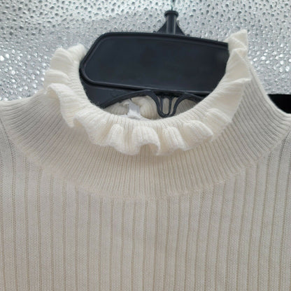 Frame Long Sleeve Pullover Sweater Ruffle Mock Neck Ribbed Knit Off White XS
