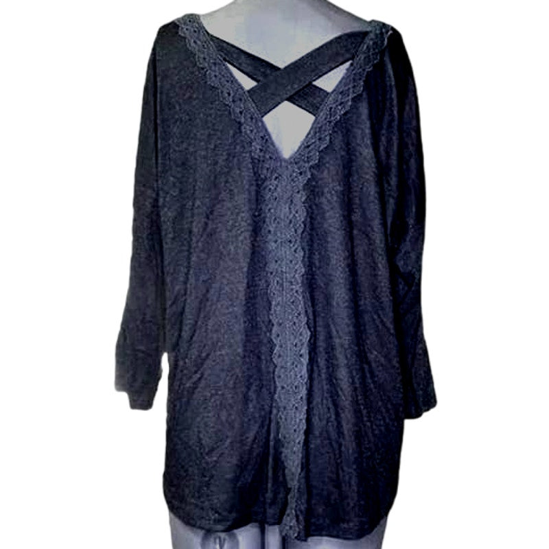 Bobeau Women's Top Cross Back Lace Trim 1X Black NEW Dolman Quarter Sleeves