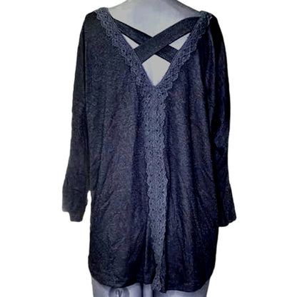 Bobeau Women's Top Cross Back Lace Trim 1X Black NEW Dolman Quarter Sleeves