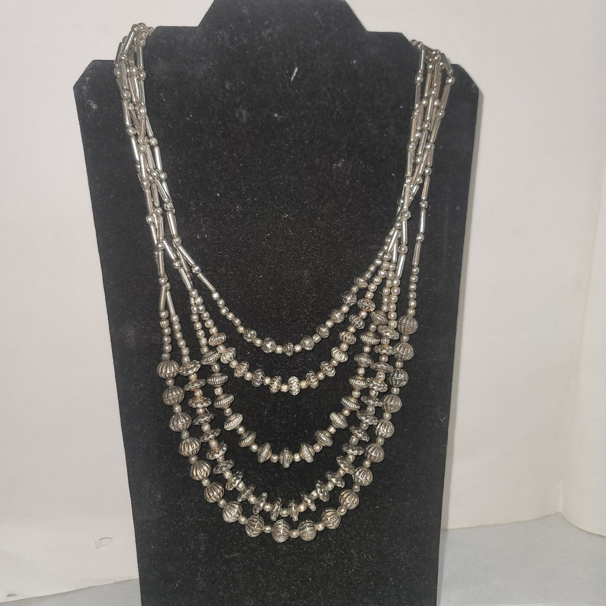 MultiTier silvertone beaded Necklace Vintage Costume Jewelry Fashion Icon COOL