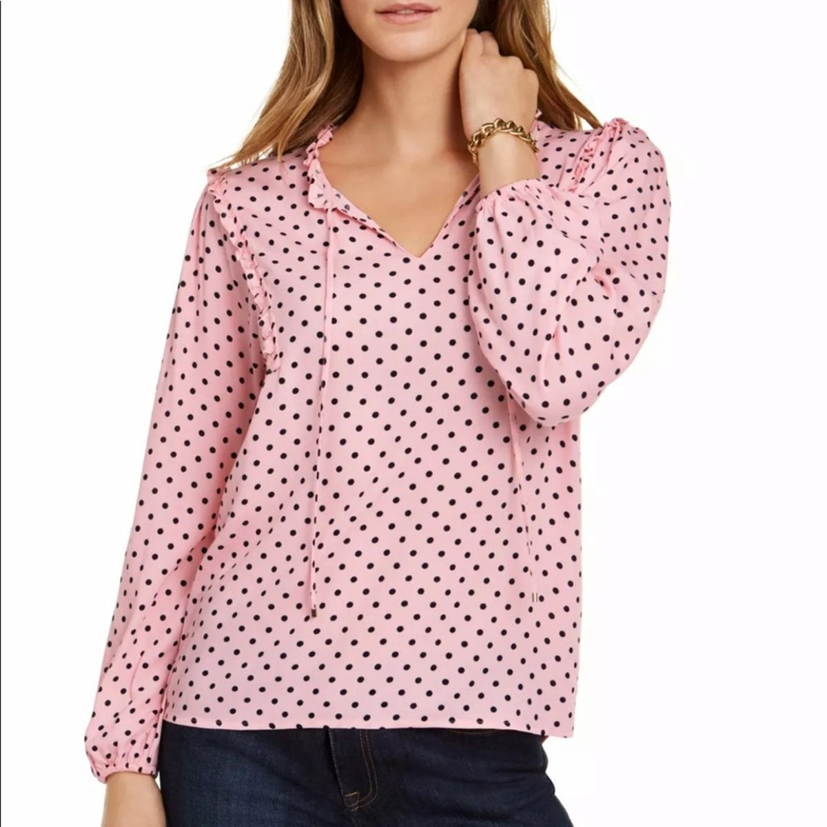 Tommy Hilfiger Pink Polka Dot V Neck Blouse Medium top Long sleeve girlie