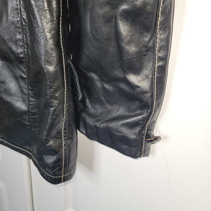Juilliard Leather Vintage 1970 Lg. Lapel black white stitching Sz 38 Coat Jacket