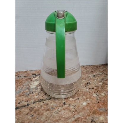 Vintage Hazel Atlas Large Metal Glass Batter Syrup Pitcher Green Handle 9” Sugar