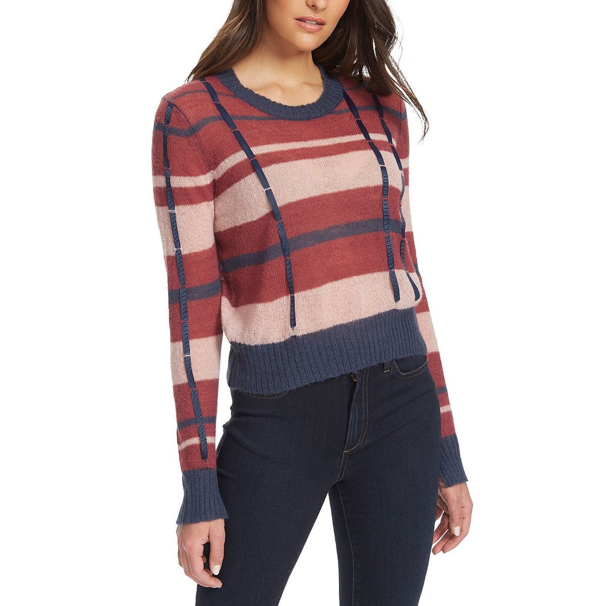 Ella Moss Denise Pullover Sweater Medium Maroon/Navy Stripe NEW Ribbon Trim