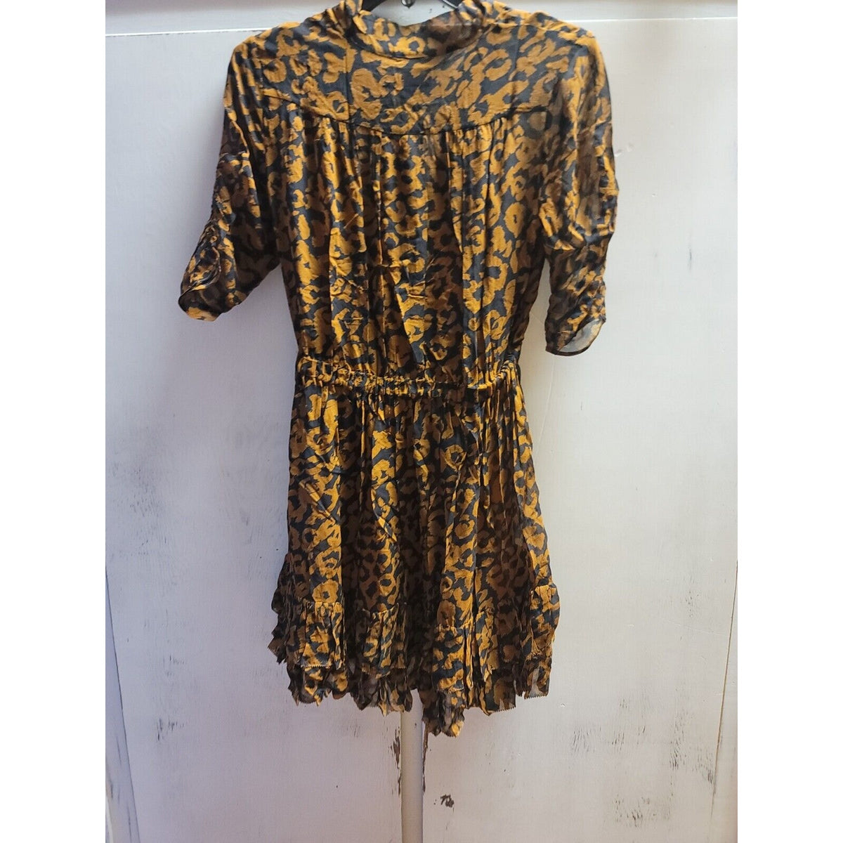 NICHOLAS Leopard Print Neck Tie MINI Flare Ruffle Dress SIZE 4 Blk/brown NEW