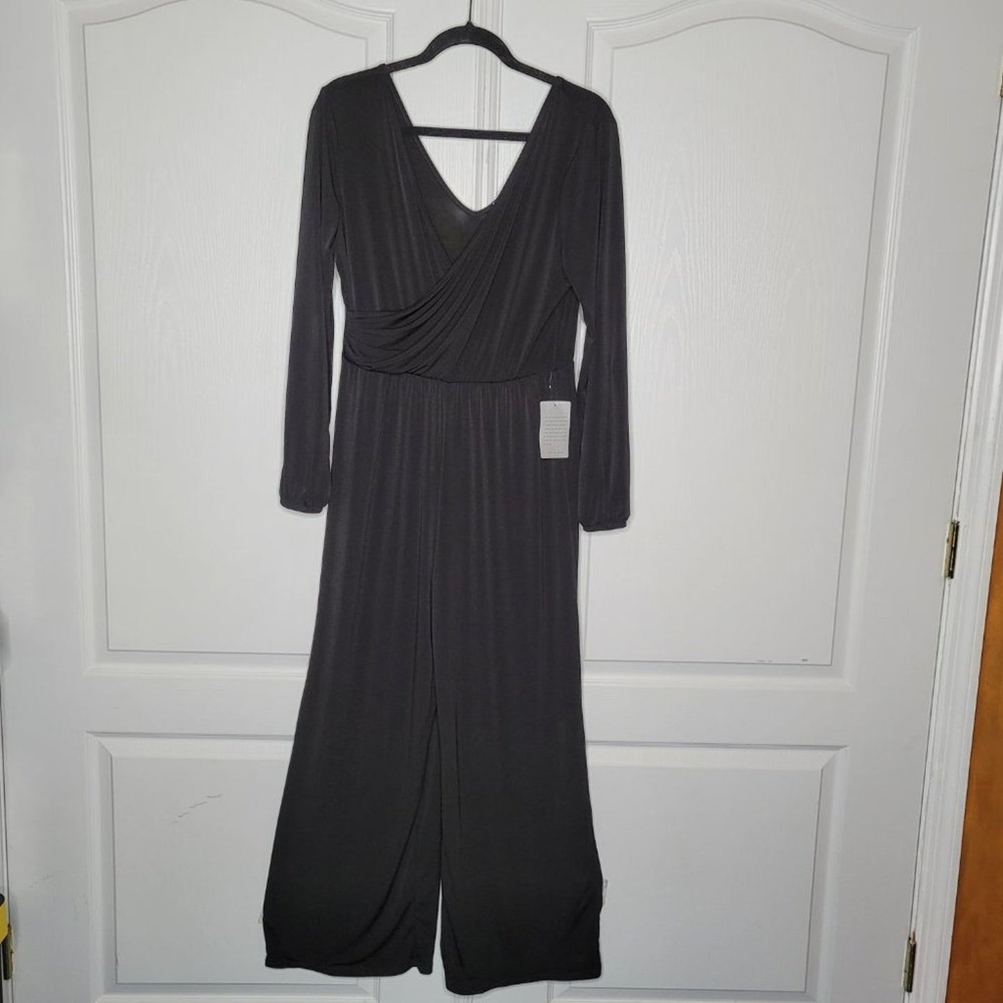 NWT Vanity Room Black Surplice Neck Wide pant Leg Jumpsuit Large long sleeve
