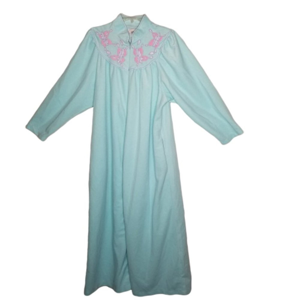 Ventura VINTAGE 60s Nightgown ROBE Embroidery Neck 3/4 Sleeve Zip Blue Large