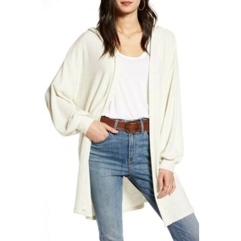 Treasure & Bond Open Front Ribbed Cozy Hooded Cardigan Heather Beige Medium NWT
