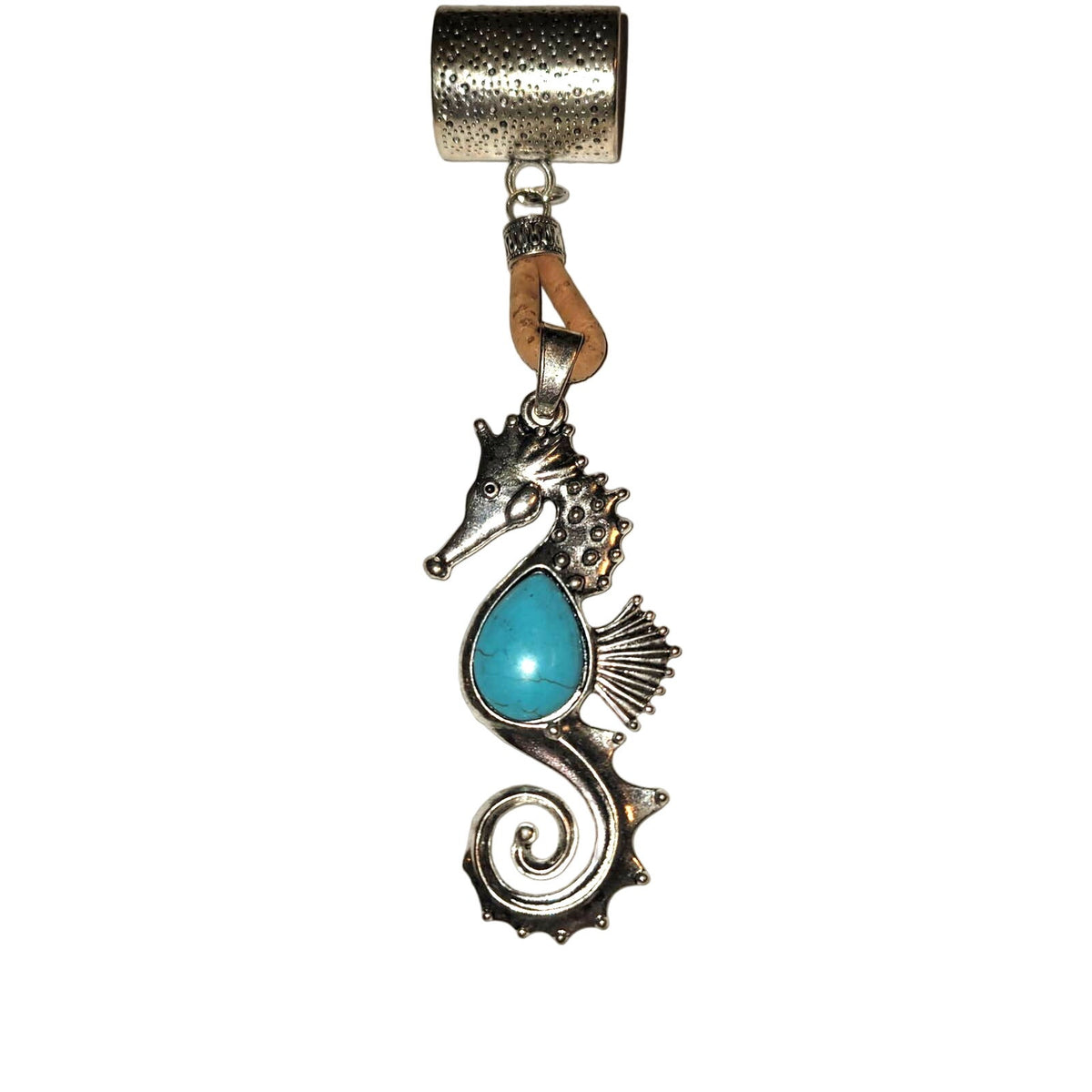 NEW silvertone Black Aged Filigree Metal Scarf Purse Slide Cork Rope SEAHORSE