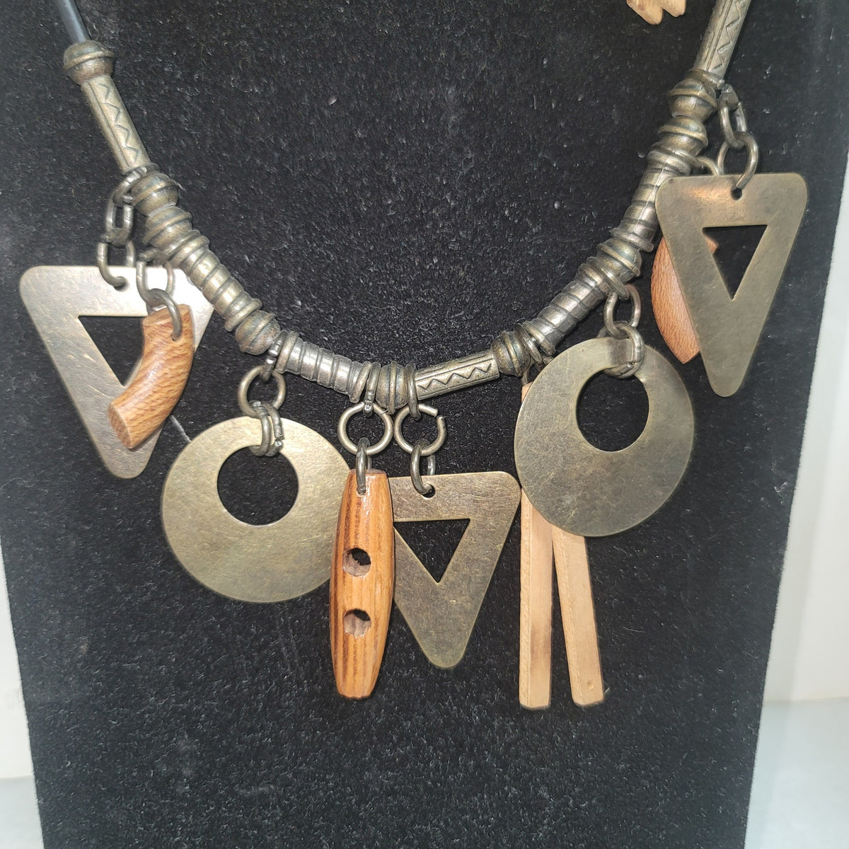 FABULOUS Vintage Mixed Metal Wood Necklace Earrings Set Jewelry Boho Modernist