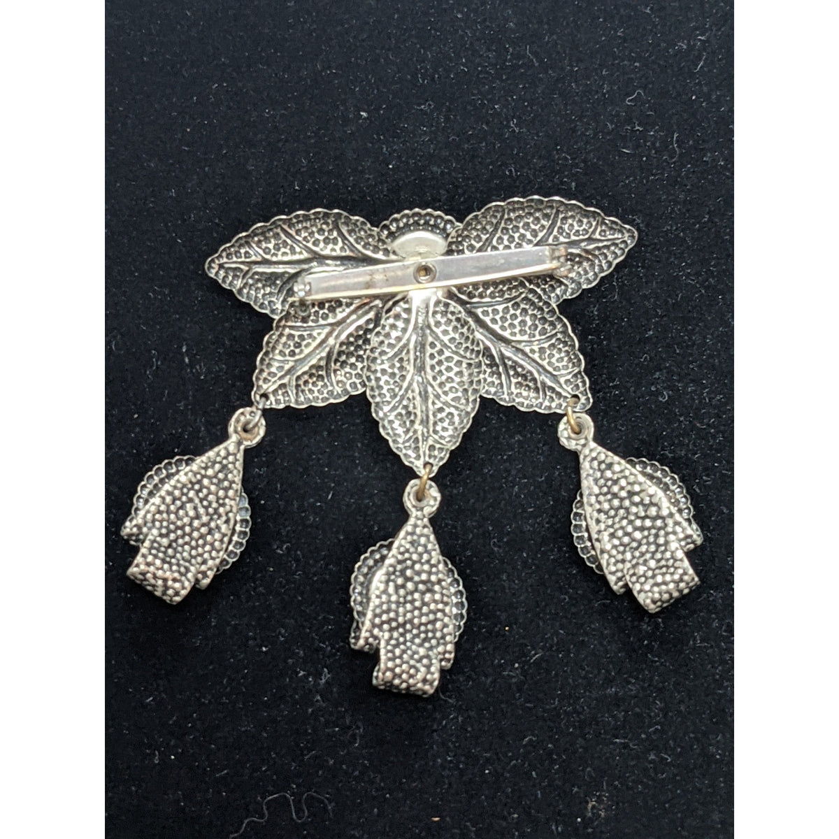 3tier silvertone bejeweled green red blue stones dangle brooch Pin Revival Leaf