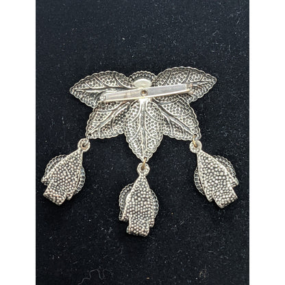 3tier silvertone bejeweled green red blue stones dangle brooch Pin Revival Leaf