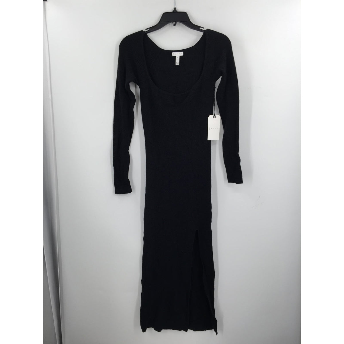 Leith Ribbed Side Slit Sweater Dress Long Sleeve Square Neck Black LIGHT Small