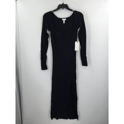 Leith Ribbed Side Slit Sweater Dress Long Sleeve Square Neck Black LIGHT Small