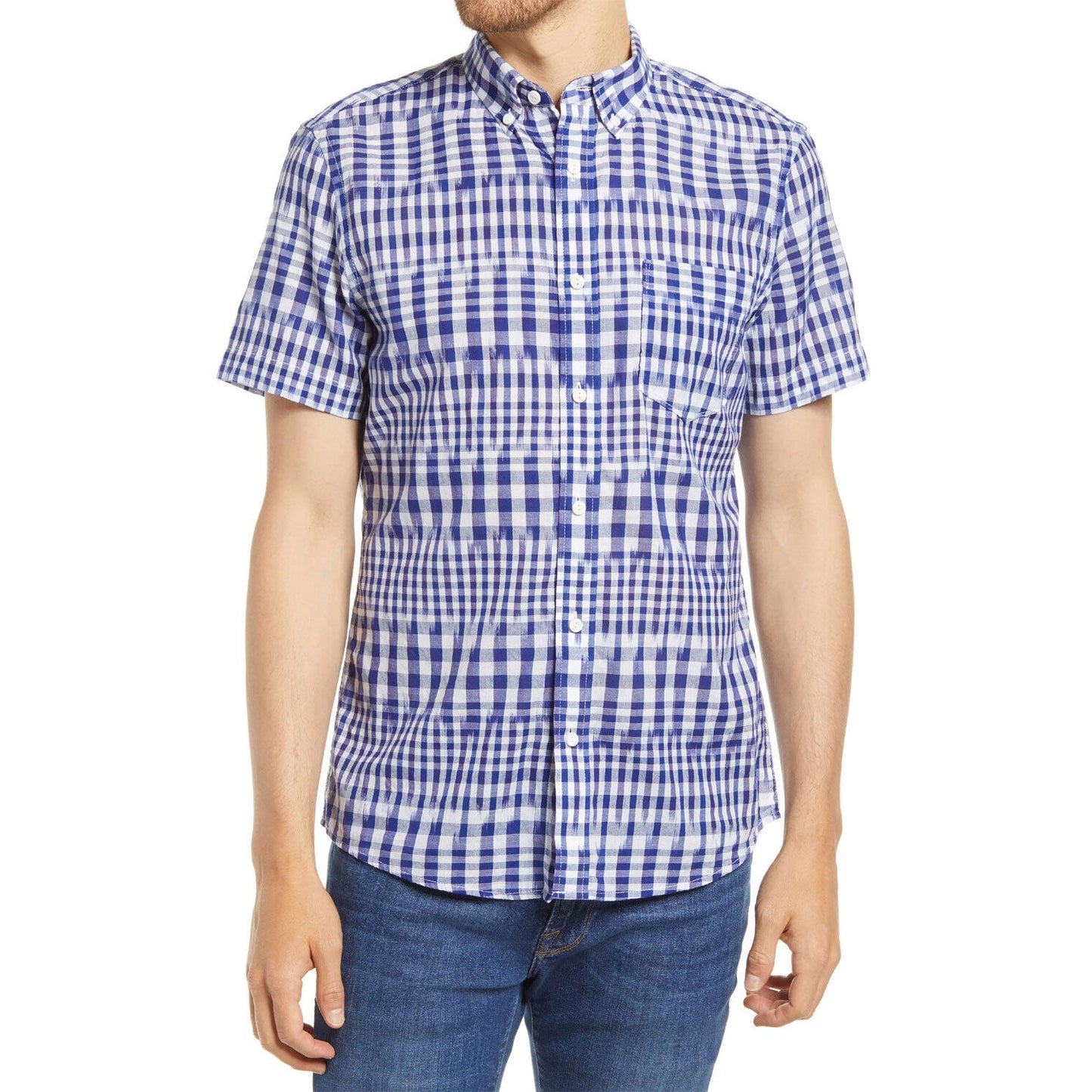 1901 Trim Fit Button Down Short Sleeve Shirt Sz Small White Blue Kat Plaid NWT