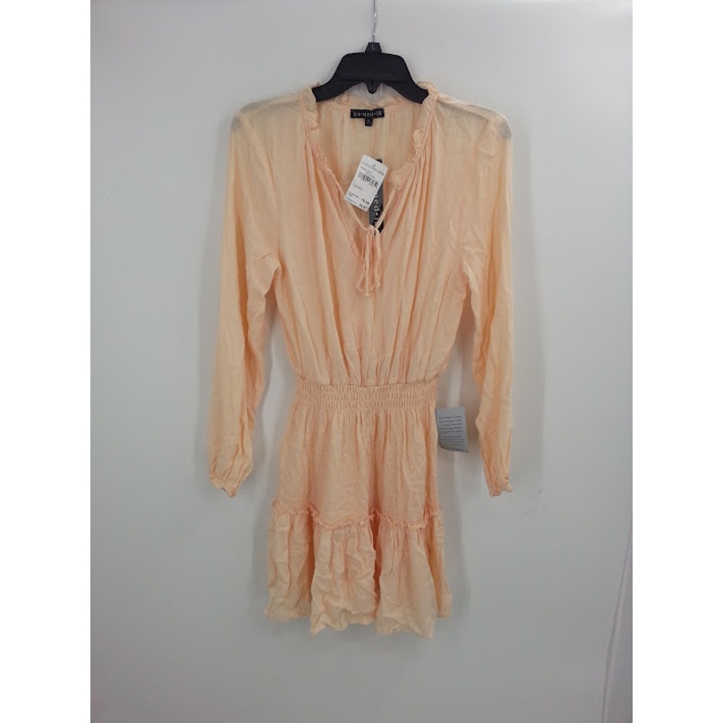 Kenedik Women's Keyhole Long Sleeve Smocked Dress Peach 100% Rayon Large