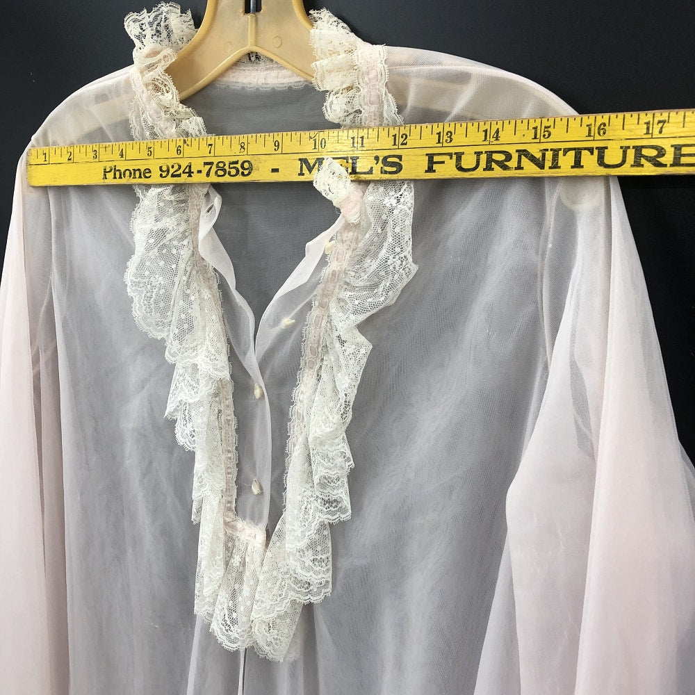 Vintage Pink Sheer Chiffon Ruffle Lace Nightgown Robe Romantic Loungewear