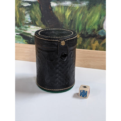 Vintage travel Game Dice Cup Leather Carved Brown Green Lining w Casino Die