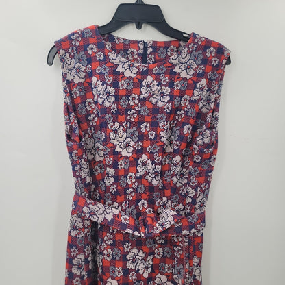 Vintage Polyester Blue Red White Maxi Floral Sleeveless Belted Dress Cocktail 70