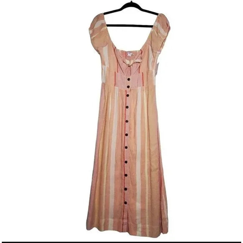 O'Neil Coral Pink Orange Striped Button LINEN Boho Elijah Woven Midi Dress SMALL