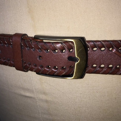 Bryant Togs Men Size 38 DARK Brown Faux Leather Braided Belt Golden Brass Buckle