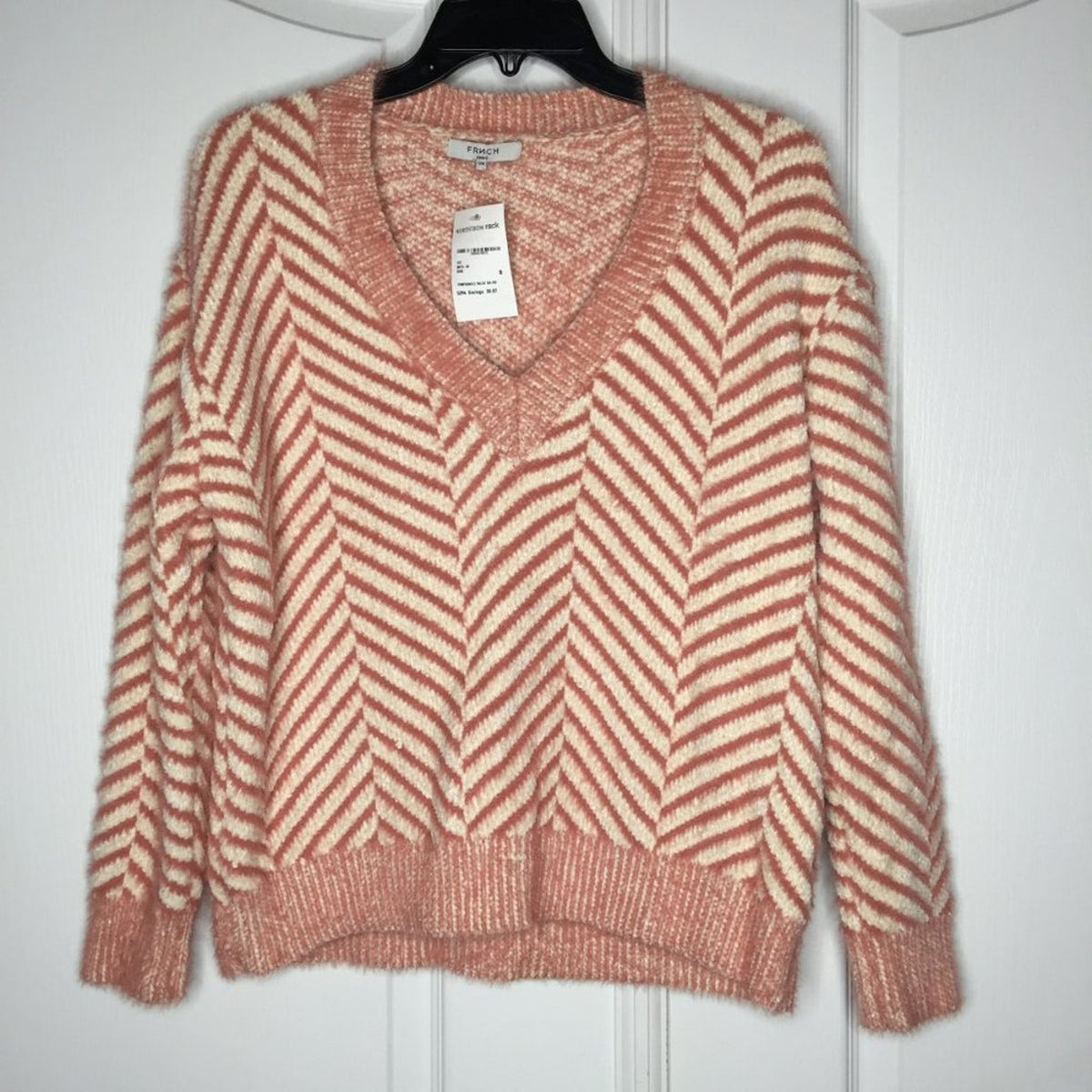 FRNCH Pullover Sweater V-Neck Long Sleeve Diagonal Stripe Chenille Rose Soft S/M