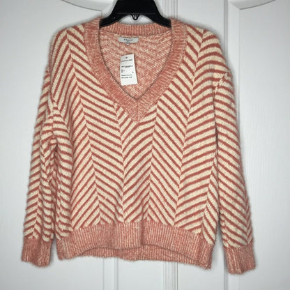 FRNCH Pullover Sweater V-Neck Long Sleeve Diagonal Stripe Chenille Rose Soft S/M