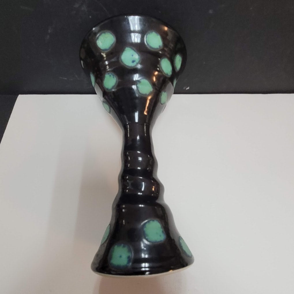 Art Pottery Challis Tall black spotted Artist Signed goblet cup tall blue WHIMSY