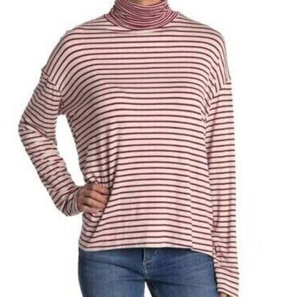 PST By Project Social T Turtleneck Top Medium Burgundy Oatmeal Stripe NWT