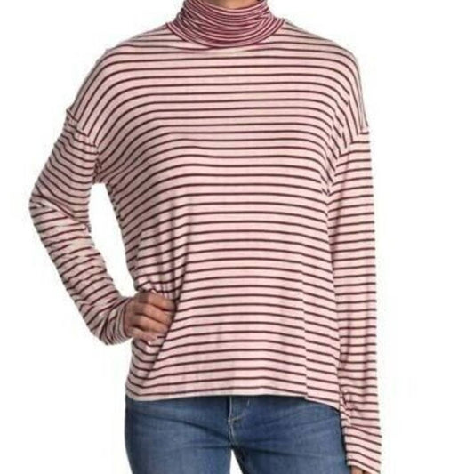 PST By Project Social T Turtleneck Top Medium Burgundy Oatmeal Stripe NWT