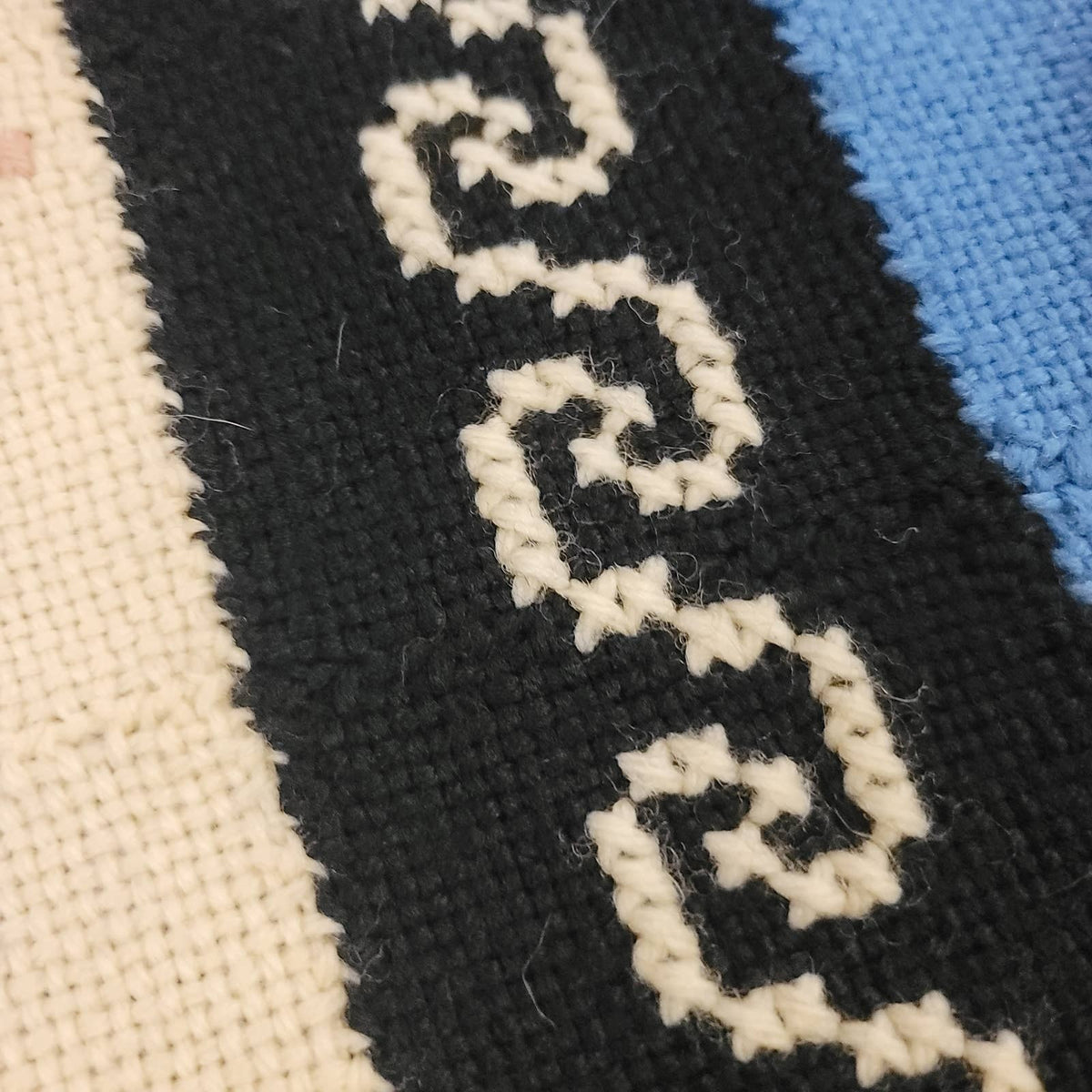 Handmade coverlet Needlework Floral Colorblock Blue Black Blanket Bedspread VTG
