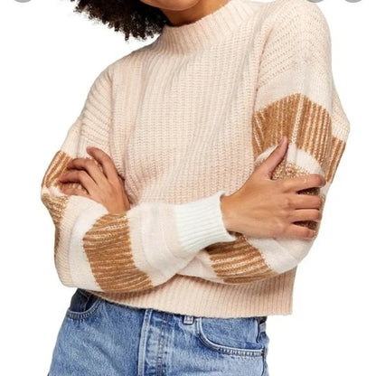 Topshop Womens Pullover Fuzzy Mock Knit Sweater Sz 4-6 Tan/Cream/Pink Stripe NWT