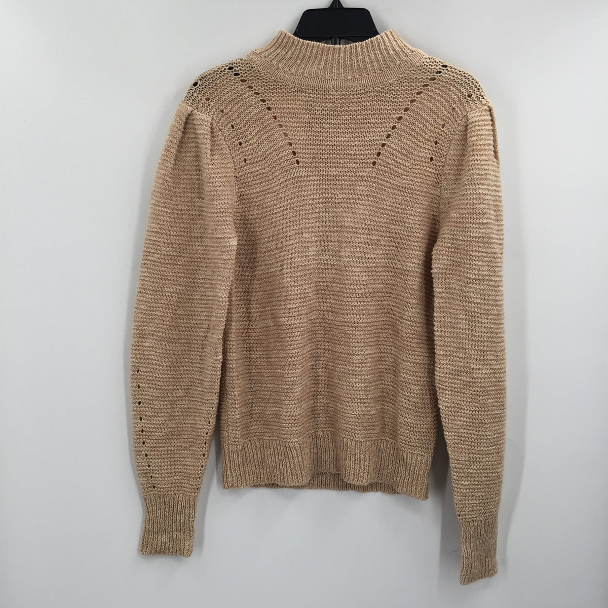Lush Mock Neck Pullover Knit Sweater Puff Shoulder Sleeves Taupe Size Small