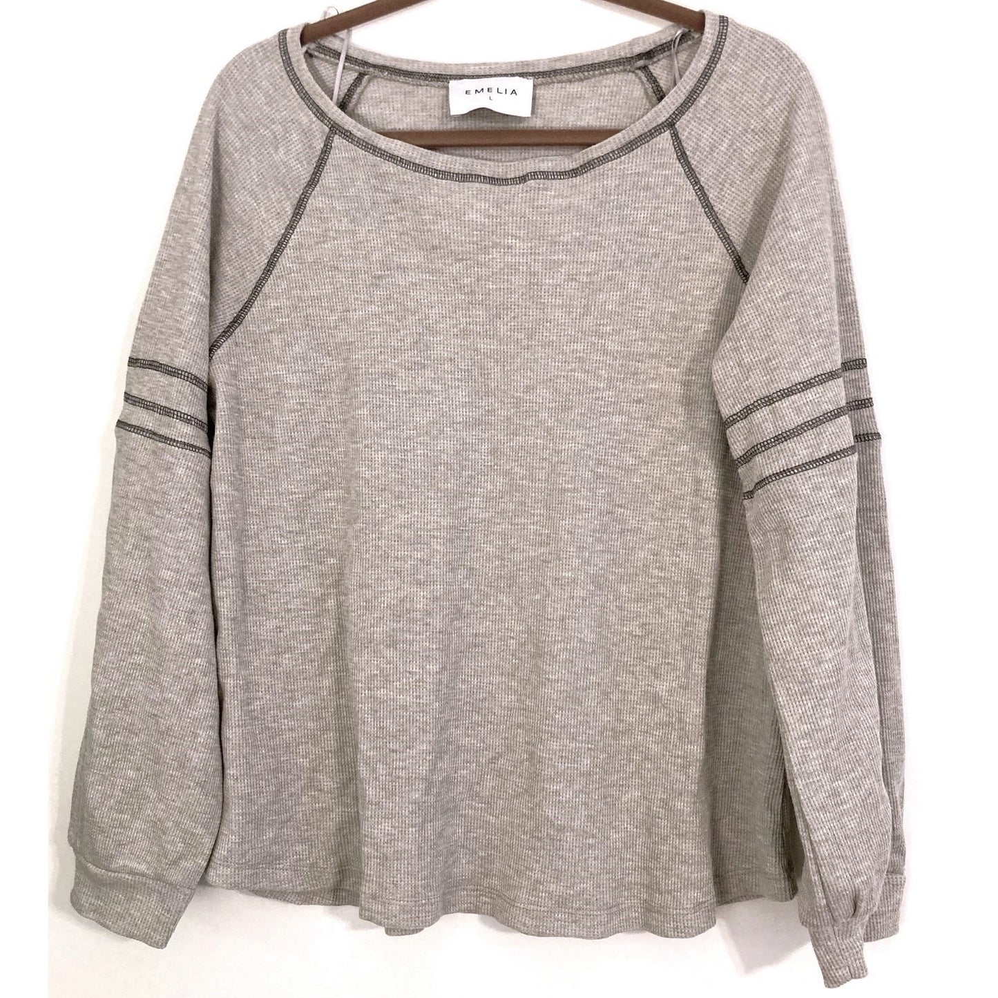Emelia Waffle Knit Thermal Raglan Bishop Sleeve Top Sz Large in Heather Gray NWT