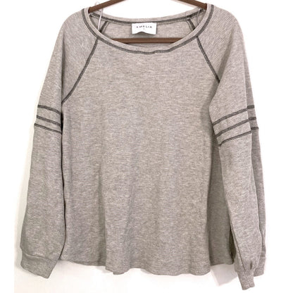 Emelia Waffle Knit Thermal Raglan Bishop Sleeve Top Sz Large in Heather Gray NWT