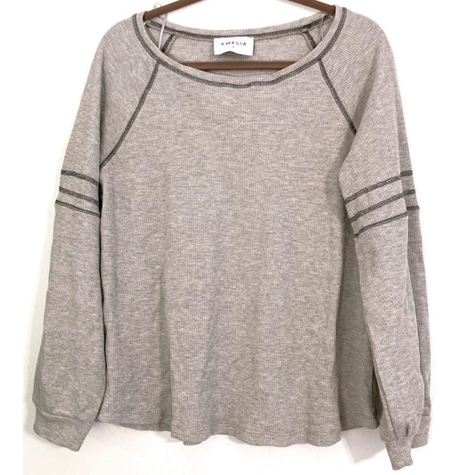 Emelia Waffle Knit Thermal Raglan Bishop Sleeve Top Sz Large in Heather Gray NWT