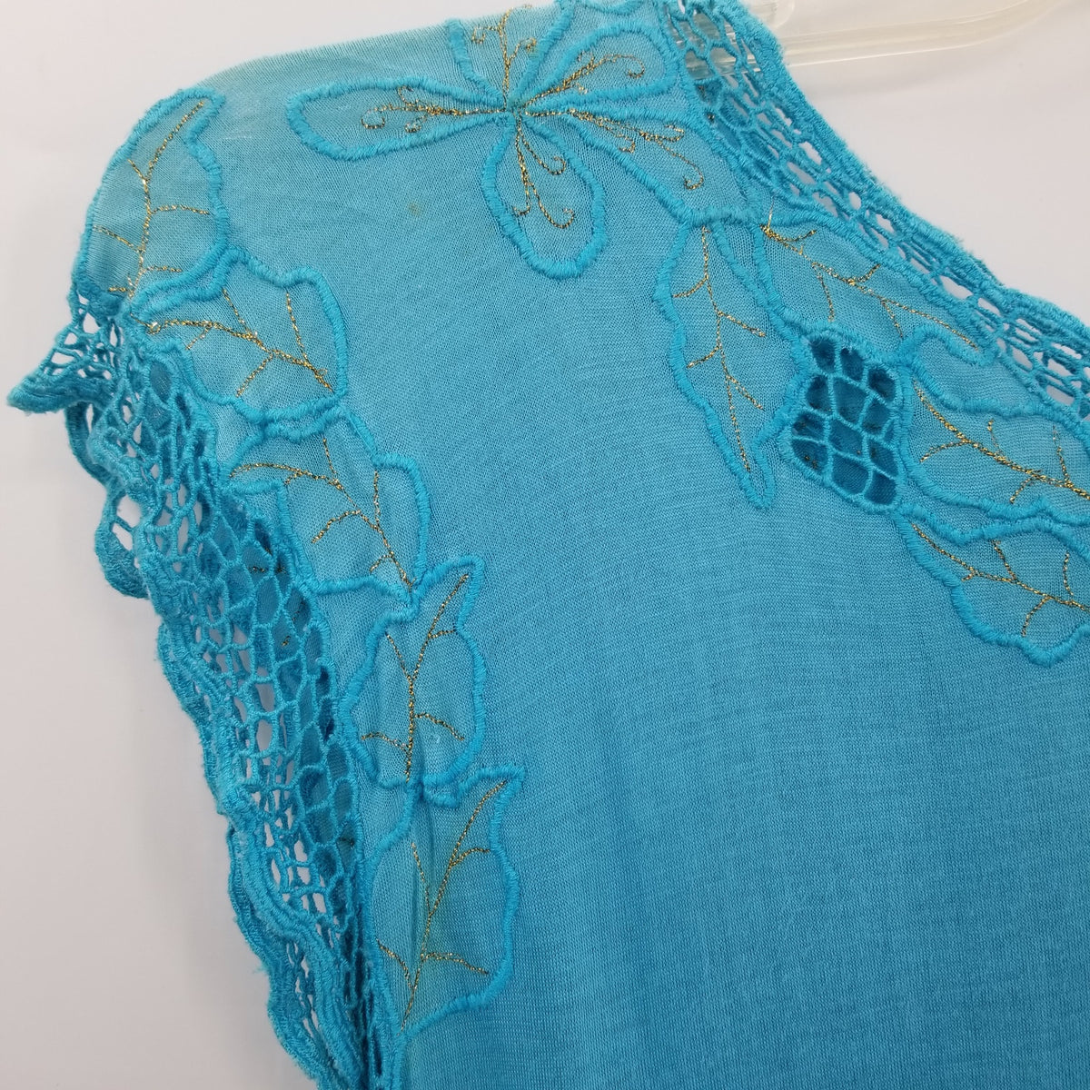 Vintage Blue Teal Coverup Dress Embroidery short sleeve 1980's Medium
