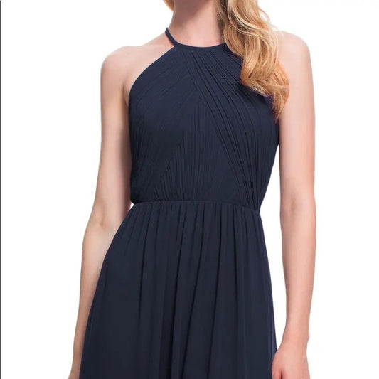 #Levkoff Halter Neck Chiffon A Line Gown Navy Size 12