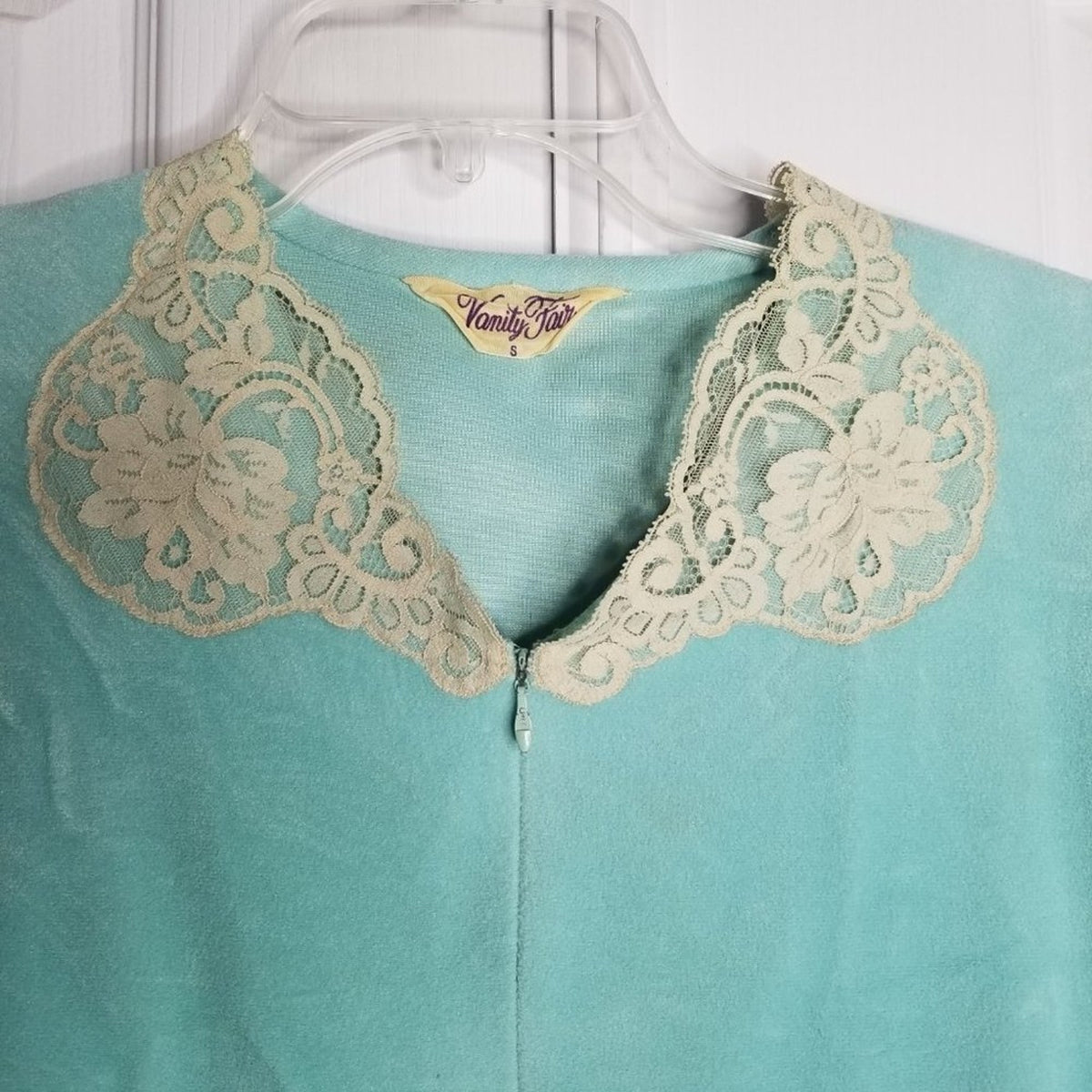 Vanity Fair VINTAGE ROBE Lace detail 3/4 Sleeve V-Neck Front Zip Teal Size Small