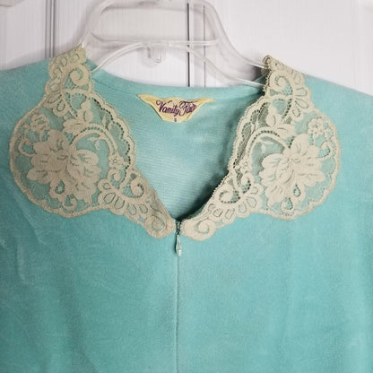 Vanity Fair VINTAGE ROBE Lace detail 3/4 Sleeve V-Neck Front Zip Teal Size Small
