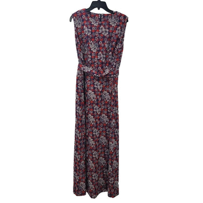 Vintage Polyester Blue Red White Maxi Floral Sleeveless Belted Dress Cocktail 70