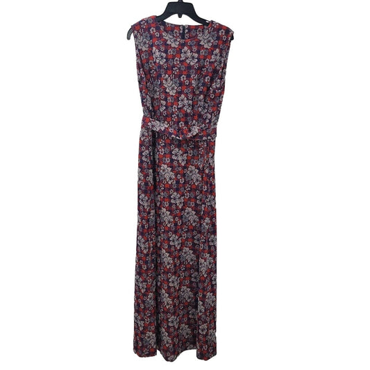Vintage Polyester Blue Red White Maxi Floral Sleeveless Belted Dress Cocktail 70