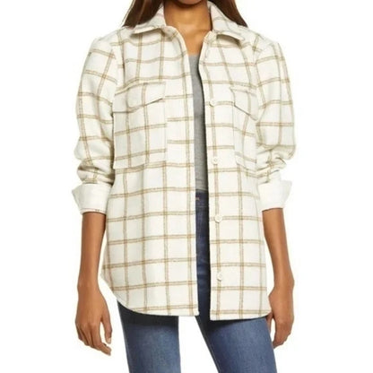 Treasure & Bond Puff Sleeve Flannel Shirt Jacket Sz Medium in Ivory & Green NWT
